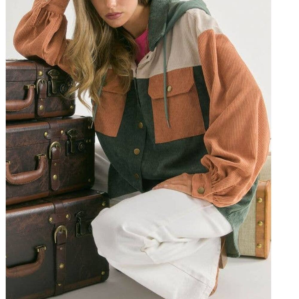 Color Block Button Down Long Sleeve Hooded Jacket